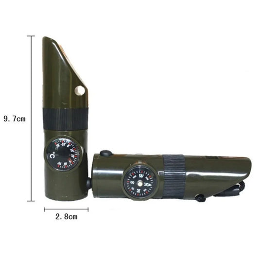 Multipurpose Jungle Survival Whistle Hiking Whistle Compass Mirror Flashlight Magnifier LED Light Thermometer Storage Compass
